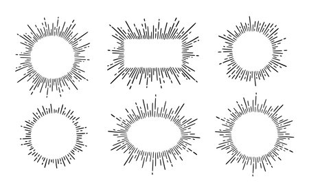 Sunburst ray vintage frame element set. Star burst ray hand drawn shine, hipster badge, logotype circle decoration frame. Vector illustration.のイラスト素材