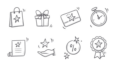 Doodle gift, discount coupon icon set. Hand drawn sketch style bonus prize, loyalty program icon. Money reward program offer doodle. Vector illustrationのイラスト素材