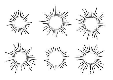 Sunburst ray vintage frame element set. Star burst ray hand drawn shine, hipster badge, logotype circle decoration frame. Vector illustration.のイラスト素材