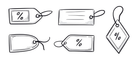Price tag, gift label doodle element set. Price tag ribbon, discount label hand drawn sketch doodle style. Sale, present offer frame element. Vector illustration.のイラスト素材