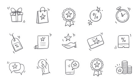 Doodle gift, discount coupon icon set. Hand drawn sketch style bonus card, loyalty program icon. Bonus point reward program offer doodle. Vector illustration.のイラスト素材