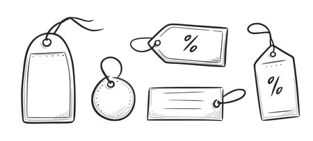 Price tag, gift label doodle element set. Price tag ribbon, discount label hand drawn sketch doodle style. Sale, present offer frame element. Vector illustration.のイラスト素材