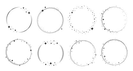 Circle star border frame set. Sparkle circle frame. Wreath round stardust border for party, birthday decor design. Laurel frame with cosmic glitter shine. Vector illustration.のイラスト素材