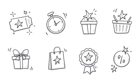 Doodle gift, discount coupon icon set. Hand drawn sketch style bonus prize, loyalty program icon. Money reward program offer doodle. Vector illustrationのイラスト素材
