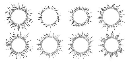 Sunburst ray vintage frame element set. Star burst ray hand drawn shine, hipster badge, logotype circle decoration frame. Vector illustration.のイラスト素材