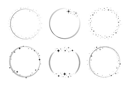 Circle star border frame set. Sparkle circle frame. Wreath round stardust border for party, birthday decor design. Laurel frame with cosmic glitter shine. Vector illustration.のイラスト素材