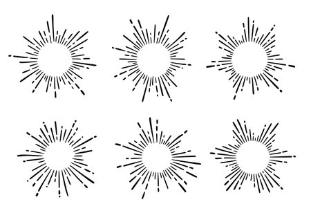 Sunburst ray vintage frame element set. Star burst ray hand drawn shine, hipster badge, logotype circle decoration frame. Vector illustration.のイラスト素材