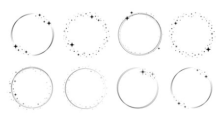 Circle star border frame set. Sparkle circle frame. Wreath round stardust border for party, birthday decor design. Laurel frame with cosmic glitter shine. Vector illustration.のイラスト素材