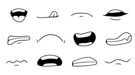 Cartoon mouth smile, happy, sad expression set. Hand drawn doodle mouth, tongue caricature emoji icon. Funny comic doodle style. Vector illustration.のイラスト素材