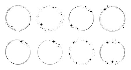 Sparkle star circle frame set. Wreath ring stardust border for party, birthday decor design. Laurel frame with cosmic glitter shine. Isolated black flat vector illustrationのイラスト素材