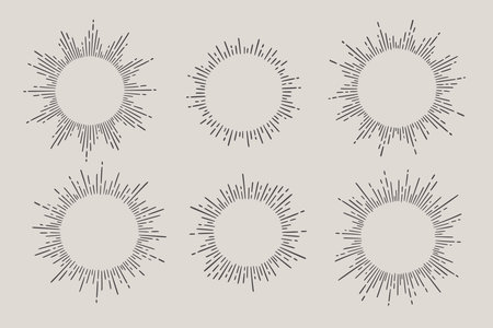 Sunburst ray vintage frame element set. Star burst ray hand drawn shine, hipster badge, logotype circle decoration frame. Vector illustration.のイラスト素材