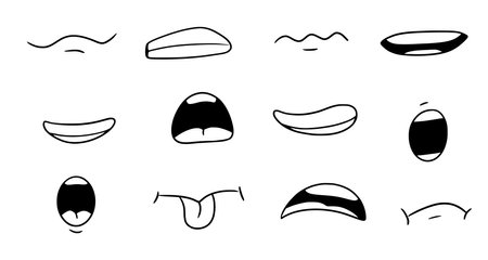 Cartoon mouth smile, happy, sad expression set. Hand drawn doodle mouth, tongue caricature emoji icon. Funny comic doodle style. Vector illustration.のイラスト素材