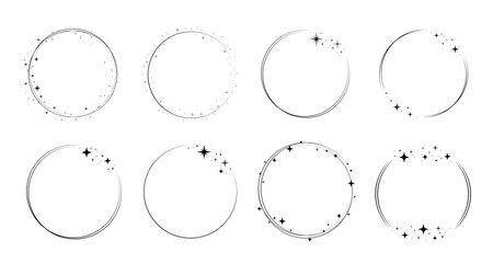 Circle star border frame set. Sparkle circle frame. Wreath round stardust border for party, birthday decor design. Laurel frame with cosmic glitter shine. Vector illustration.のイラスト素材