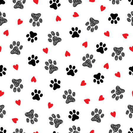 Pet footprint seamless pattern. Pet animal dog, cat footprint background with heart. Puppy valentine texture doodle wallpaper. Vector illustrationのイラスト素材