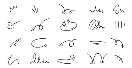 Line movement element, emotion effect decoration icon. Hand drawn doodle line element arrow, emphasis, wind, sparkle. Anime emotion, express shape. Vector illustration.のイラスト素材
