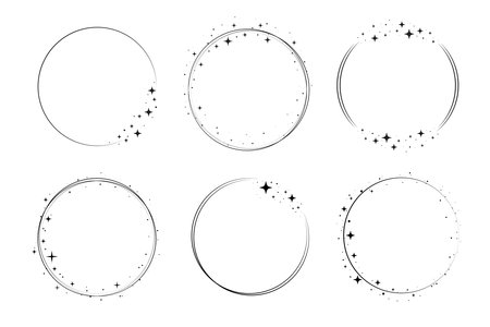 Circle star border frame set. Sparkle circle frame. Wreath round stardust border for party, birthday decor design. Laurel frame with cosmic glitter shine. Vector illustration.のイラスト素材
