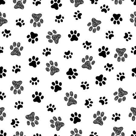 Dog, cat footprint seamless pattern. Pet animal footprint stamp background. Puppy doodle abstract wallpaper. Vector illustrationのイラスト素材