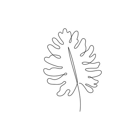 Line monstera leaf art. One continuous line art decorative monstera leaf draw. Editable stroke single tropical palm leaf element. Isolated vector illustrationのイラスト素材