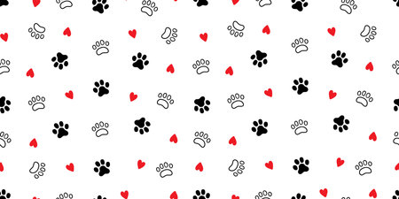 Pet footprint seamless pattern. Pet animal dog, cat footprint background with heart. Puppy valentine texture doodle wallpaper. Vector illustrationのイラスト素材