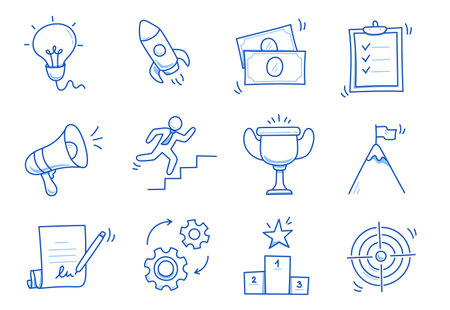 Doodle business icon set. Success, target, goal hand drawn sketch blue pen stroke style icon. Marketing, career, ofiice concept doodle drawn collection. Vector illustrationのイラスト素材