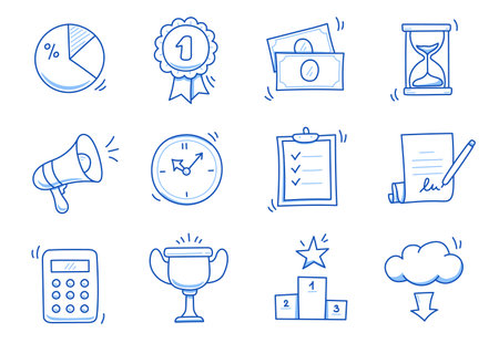 Hand drawn business icon set. Finance, money, investment icon sketch doodle blue pen stroke style. Business success, winner, finance element. Vector illustration.のイラスト素材