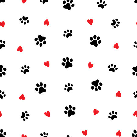 Pet footprint seamless pattern. Pet animal dog, cat footprint background with heart. Puppy valentine texture doodle wallpaper. Vector illustrationのイラスト素材