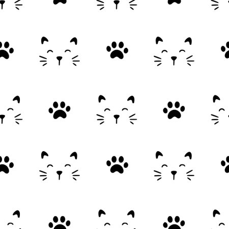 Cute cat face pattern seamless. Hand drawn sketch doodle kitty black face on white background. Cat footprint element. Cute pet pattern. Vector illustration.のイラスト素材