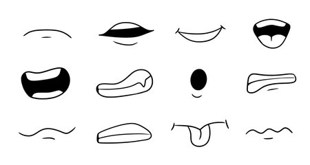 Cartoon mouth smile, happy, sad expression set. Hand drawn doodle mouth, tongue caricature emoji icon. Funny comic doodle style. Vector illustration.のイラスト素材