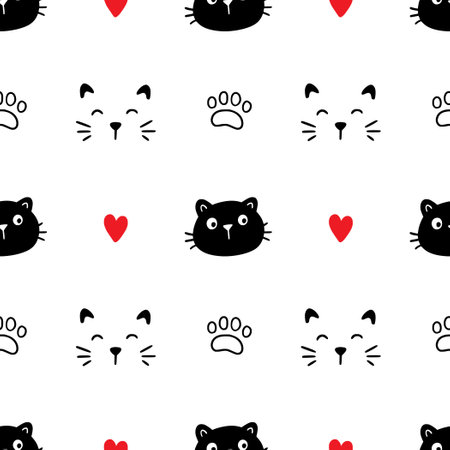Cute cat face pattern seamless. Hand drawn sketch doodle kitty black face on white background. Cat footprint element. Cute pet pattern. Vector illustration.のイラスト素材