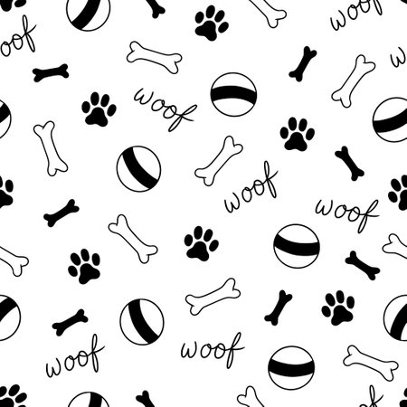 Dog bone seamless pattern. Dog footprint stamp, bone, toy background. Puppy cute hand drawn doodle texture wallpaper. Vector illustrationのイラスト素材