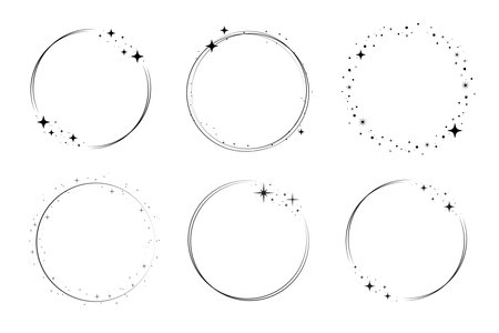 Sparkle star circle frame set. Wreath ring stardust border for party, birthday decor design. Laurel frame with cosmic glitter shine. Isolated black flat vector illustrationのイラスト素材