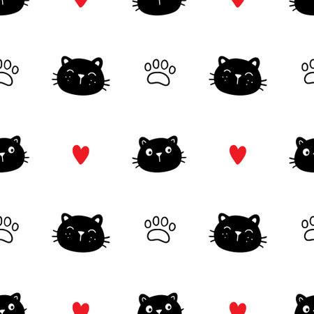 Cute cat face pattern seamless. Hand drawn sketch doodle kitty black face on white background. Cat footprint element. Cute pet pattern. Vector illustration.のイラスト素材