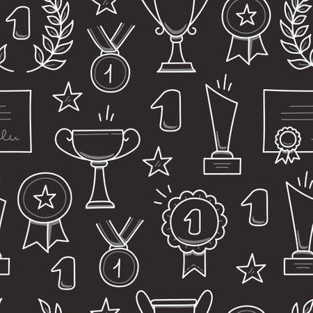 Award doodle hand drawn seamless pattern. Winner trophy cup, champion medal, win certificate background. Hand drawn doodle sketch style champion, victory, success elements. Vector illustration.のイラスト素材