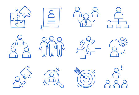 Doodle business team icon set. Doodle teamwork people community, office man group work concept. Target, gear, puzzle element. Hand drawn sketch style blue pen. Vector illustrationのイラスト素材