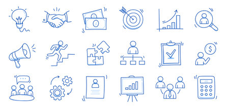 Doodle business icon set. Doodle business strategy, finance, office people teamwork concept. Target, puzzle, chart element. Hand drawn sketch style vector illustrationのイラスト素材