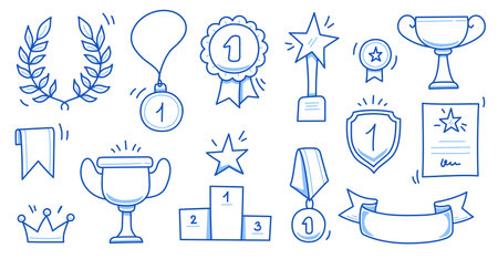 Award doodle hand drawn trophy set. Winner award cup, champion medal, win certificate. Hand drawn doodle sketch style champion, victory, success elements. Vector illustrationのイラスト素材