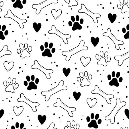 Pet footprint seamless pattern. Pet animal dog, cat footprint background with heart, bone element. Puppy, kitten texture doodle drawn wallpaper. Vector illustrationのイラスト素材