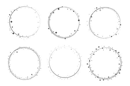 Circle star border frame set. Sparkle circle frame. Wreath round stardust border for party, birthday decor design. Laurel frame with cosmic glitter shine. Vector illustration.のイラスト素材