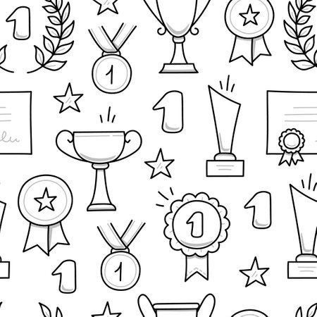 Award doodle hand drawn seamless pattern. Winner trophy cup, champion medal, win certificate background. Hand drawn doodle sketch style champion, victory, success elements. Vector illustration.のイラスト素材