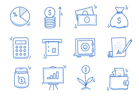 Hand drawn business icon set. Finance, money, investment icon sketch doodle blue pen stroke style. Business money, calculator, wallet element. Vector illustrationのイラスト素材