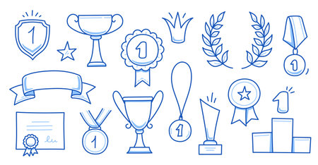 Award doodle hand drawn trophy set. Winner award cup, champion medal, win certificate. Hand drawn doodle sketch style champion, victory, success elements. Vector illustrationのイラスト素材