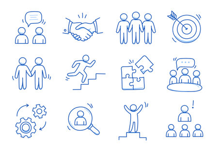 Doodle business team icon set. Doodle teamwork people community, office man group work concept. Target, gear, handshake element. Hand drawn sketch style vector illustrationのイラスト素材