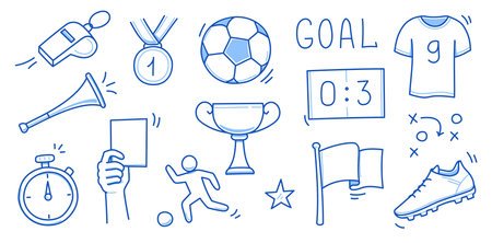 Doodle soccer element set. Football goal, award cup, soccer ball hand drawn line doodle sketch style equipment. Vector illustrationのイラスト素材