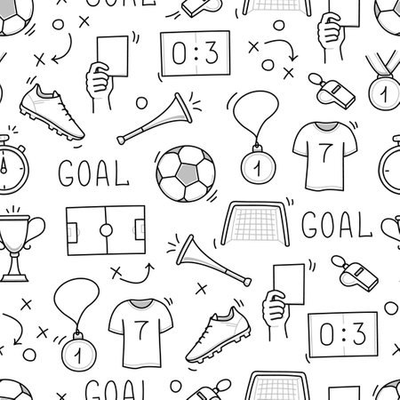 Soccer doodle seamless pattern. Football goal, award cup, whistle hand drawn line doodle sketch style equipment icon. Vector illustrationのイラスト素材