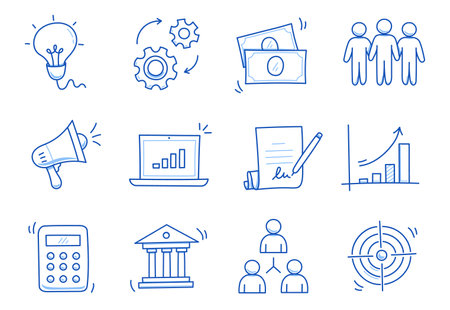 Doodle business icon set. Doodle business, finance, office teamwork concept. Money, calculator, gear element. Hand drawn sketch style vector illustrationのイラスト素材