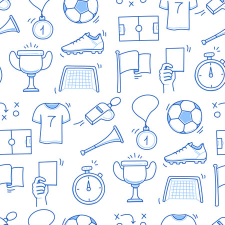 Soccer doodle seamless pattern. Football goal, award cup, whistle hand drawn line doodle sketch style equipment icon. Vector illustrationのイラスト素材