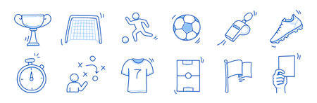 Soccer doodle icon. Football goal, award cup, whistle hand drawn line doodle sketch style equipment icon. Vector illustrationのイラスト素材