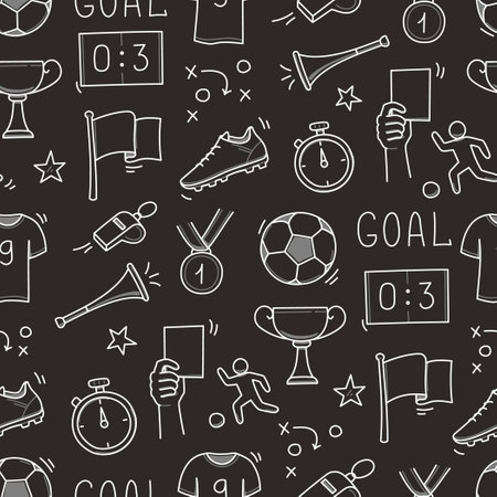Soccer doodle seamless pattern. Football goal, award cup, whistle hand drawn line doodle sketch style equipment icon. Vector illustrationのイラスト素材