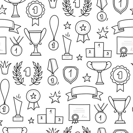 Award doodle hand drawn seamless pattern. Winner trophy cup, champion medal, win certificate background. Hand drawn doodle sketch style champion, victory, success elements. Vector illustration.のイラスト素材