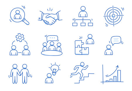 Doodle business team icon set. Doodle teamwork people community, office man group work concept. Target, talk man, handshake element. Hand drawn sketch style vector illustrationのイラスト素材